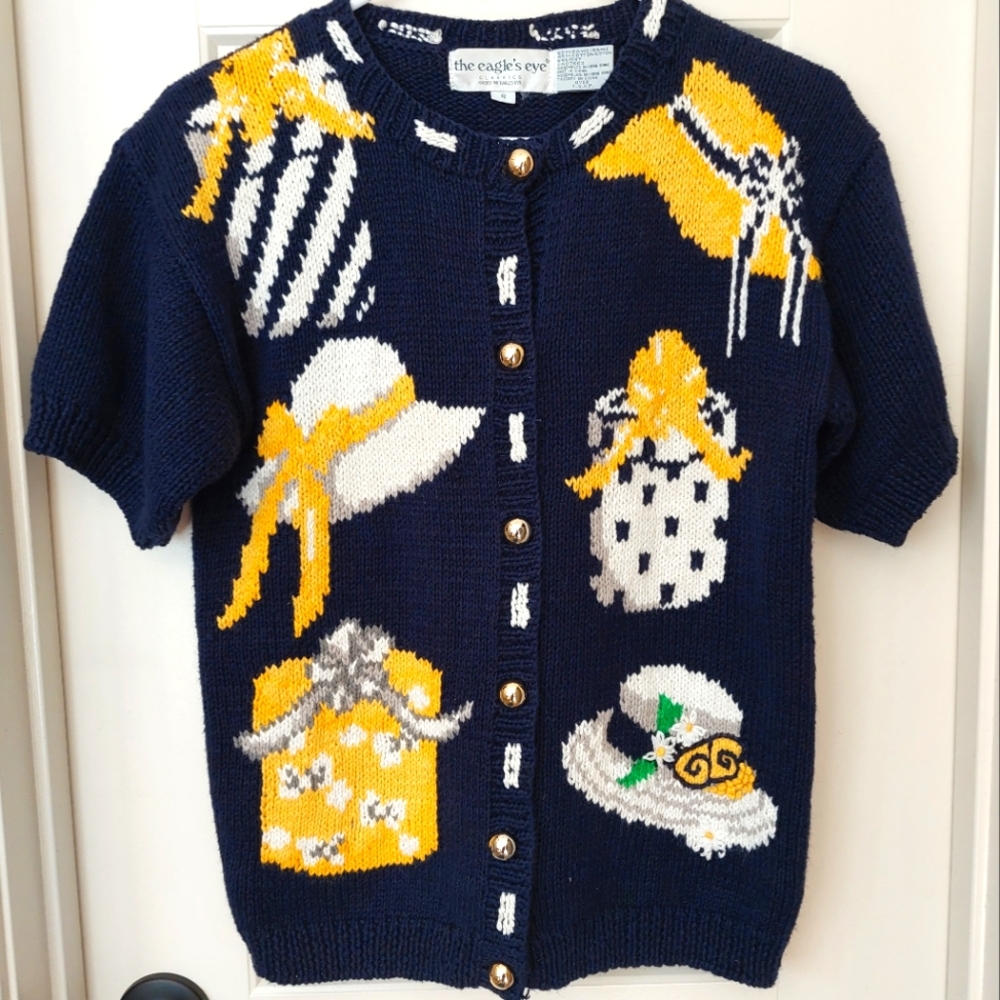 Vintage Eagles Eye Short Sleeve Cardigan Sweater S Hats Gifts Navy Blue VTG 1991